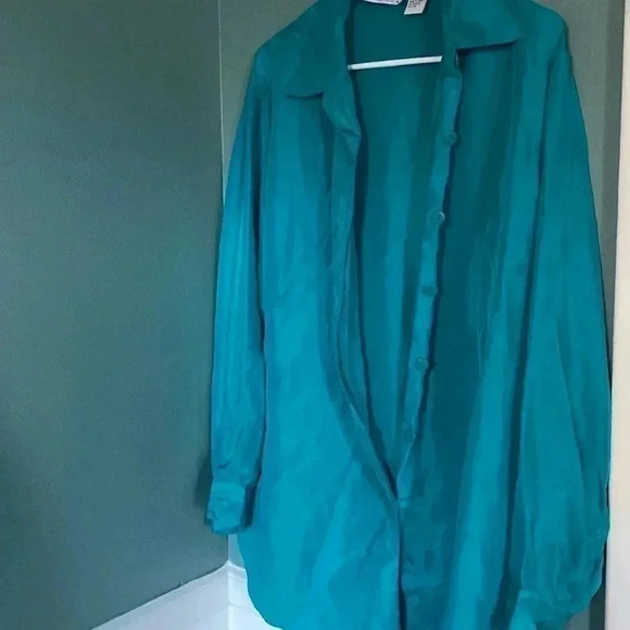Diane Von Furstenberg -the color authority - teal 100% silk M/L women butndwn - Picture 1 of 7